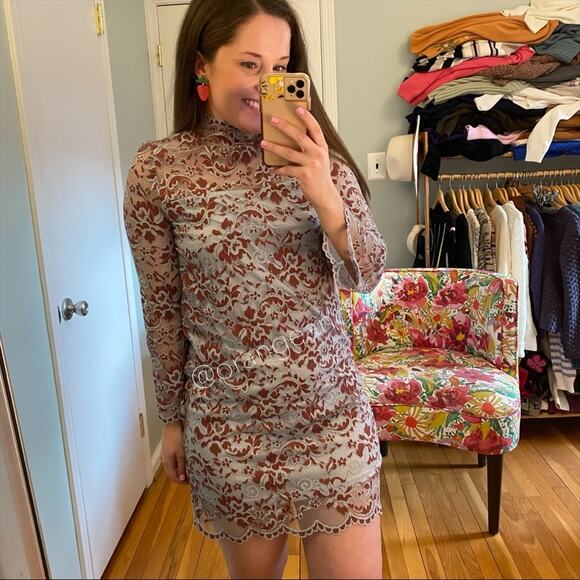 GANNI Blue Red Floral Lace Mockneck Long Sleeve Formal Mini Dress Comfy Event S - Picture 5 of 16